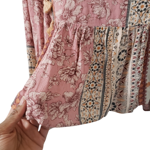 SOLD-American Eagle Pink Patchwork Peasant Top Boho Embroidered Tassel Flare M - Picture 7 of 16